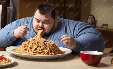 Premium Photo | Young fat obese man eating plenty of spaghetti in a ...