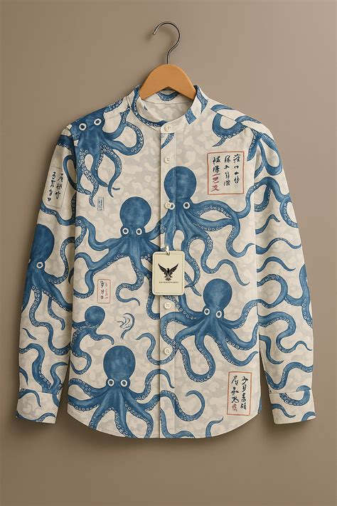 Men's Japanese Octopus Print Mandarin Collar Shirt