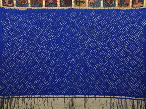 Blue Bandhani Kanchipuram Silk Handloom Saree with Kalamkari Hand Pain ...