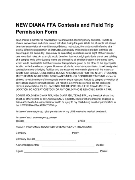 Fillable Online NEW DIANA FFA Contests and Field Trip Permission Form ...