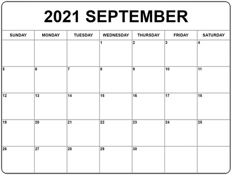 Blank September 2021 Calendar Printable Template [PDF] | Calendar Dream