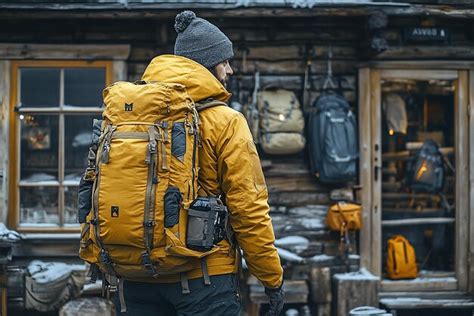 A man with a yellow backpack walks in front of a cabin | Premium AI ...