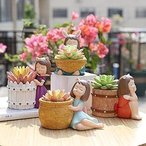 CRAFTCRAFT Beautiful Cute Dreaming Girl with Basket Resin Succulent ...