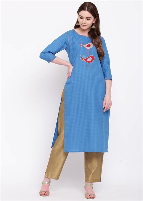 Get Bird Embroidered Checkered Kurta at ₹ 485 | LBB Shop