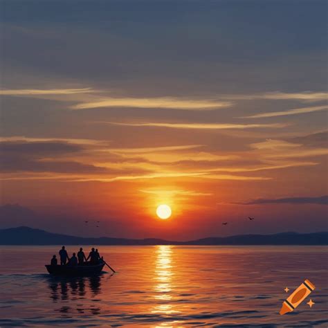 Oil painting of a cool-toned sunset with a small ship leaving the shore on Craiyon