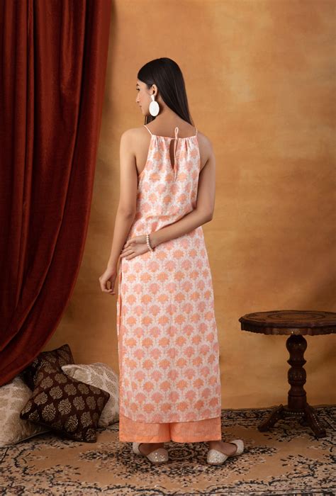 Halter Neck Cotton Printed Kurta with Pure Linen Palazzo (Set of 2 ...