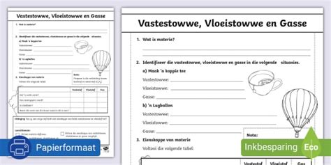 Vastestof, Vloeistof en Gas Huiswerk Aktiwiteit - Twinkl