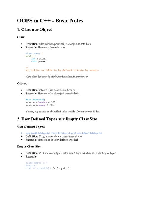 OOPS in C++ - Short Notes on Class and Object Concepts - Studocu