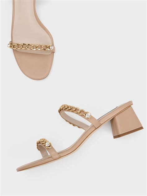 Chain-Link Block Heel Sandals - Nude - CHARLES & KEITH IN