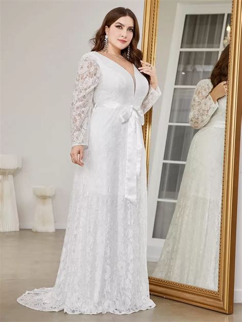 Plus Plunging Neck Belted Lace Wedding Dress | SHEIN USA