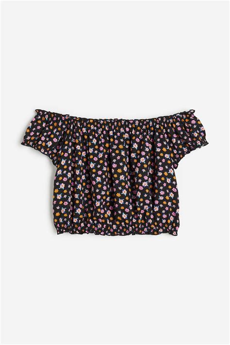Frill-trimmed off-the-shoulder blouse - Black/Floral - Ladies | H&M IN
