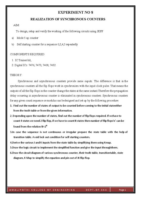 Synchronouscounter - EXPERIMENT NO 8 REALIZATION OF SYNCHRONOUS ...