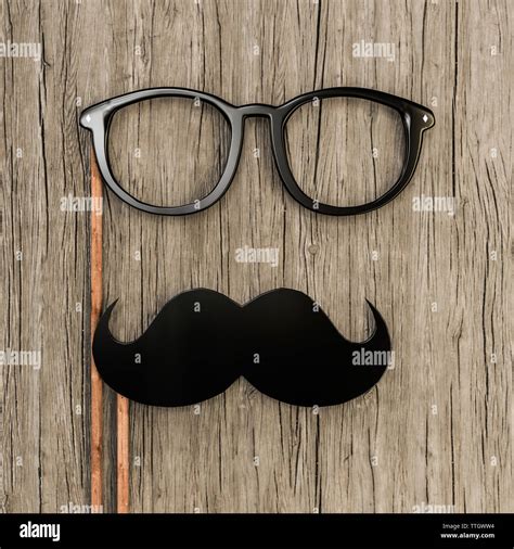 moustache and eyeglasses on wooden top 3d illustration Stock Photo - Alamy