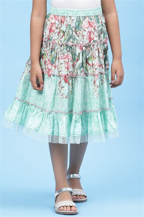 Buy Mint Green Cotton Flared Printed Skirt Online at Biba India