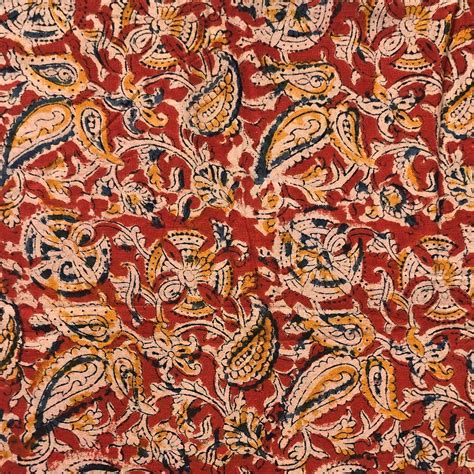 (PRE-CUT 1.20 METER) Pure Cotton Kalamkari Rust Red With Blue Kairi Ja ...