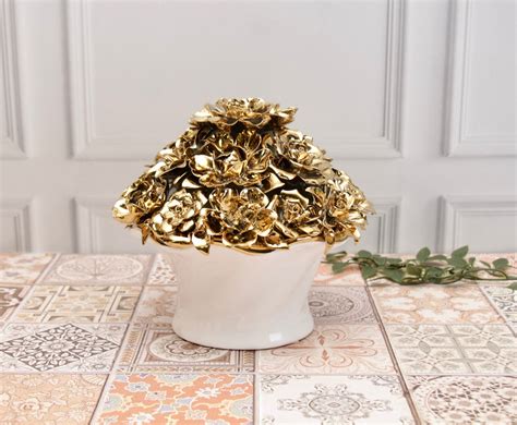 'Anastasia' Ceramic Golden Roses Bouquet | Vase | Centrepiece, Large ...