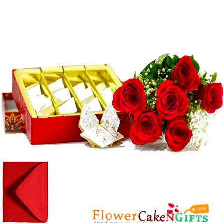 Send Online 500gms kaju katli box with 6 red roses bouquet Order ...