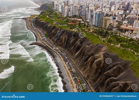 Aerial View of the Miraflores Town, Cliff and the Costa Verde High Way ...