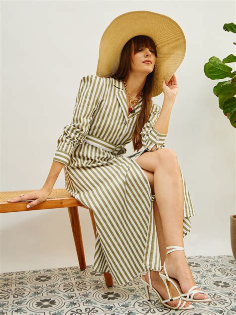 Women Green & White Striped Poplin Belted Shirt Dress