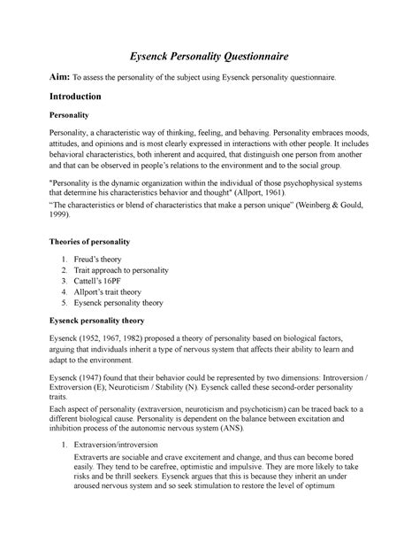 Eysenck Personality Questionnaire - Introduction Personality ...