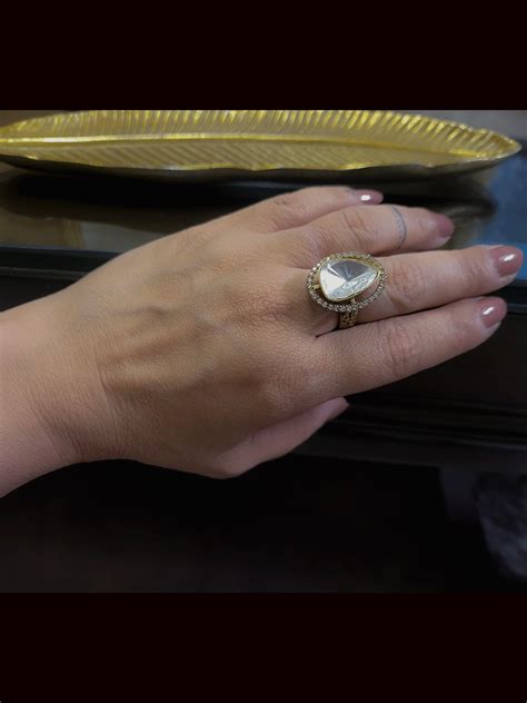 Oval shaped zircon adjustable uncut polki ring – Odara Jewellery