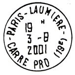 Timbre à date avec mention : PARIS-LAUMIERE / - CARRE PRO (19E)