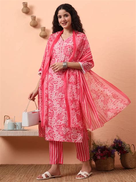 Pink Ethnic Motifs Pure Cotton Straight Kurta Pant Set – Yufta Store