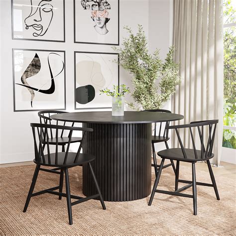 Round Black Oak Dining Table Set with 4 Black Spindle Back Chairs ...