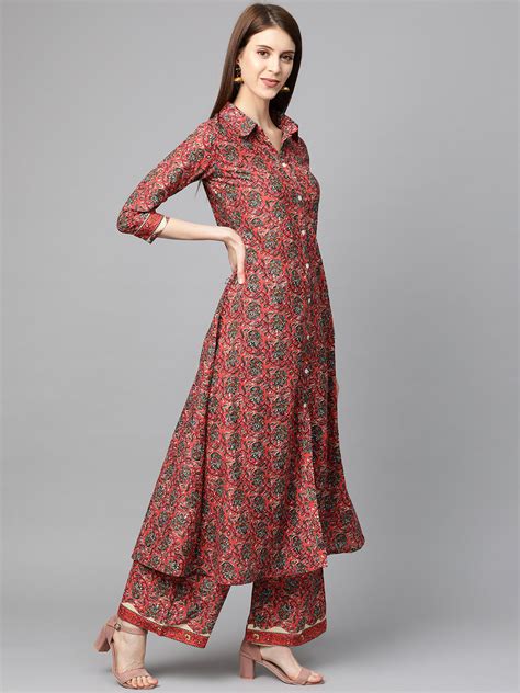Printed Pure Cotton Calf Length Collared Neck Kurta Set – Trendphoria