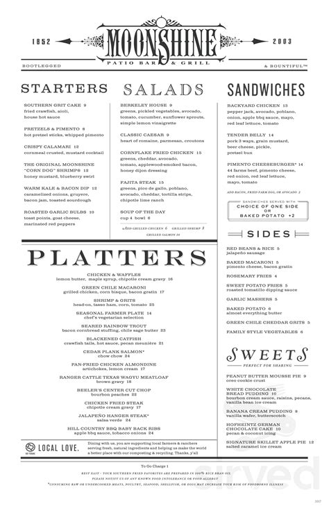 Menu for Moonshine Grill in Austin, TX | Sirved
