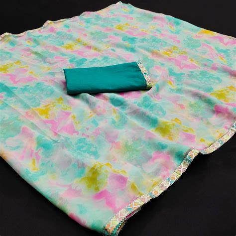 Rama Blue Abstract Printed Georgette Saree