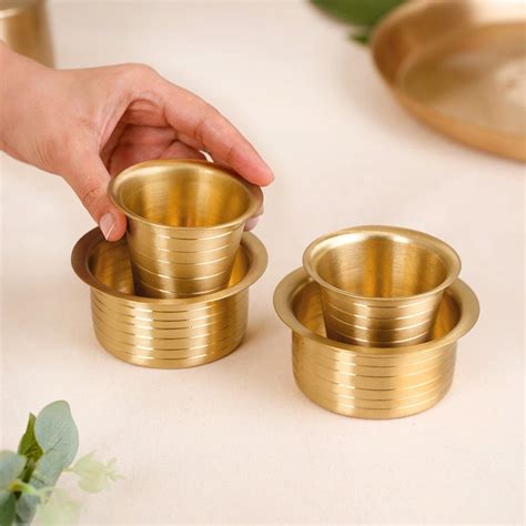 Circular Pinstriped Pure Brass Filter Coffee Dabara Set For 2 Online ...