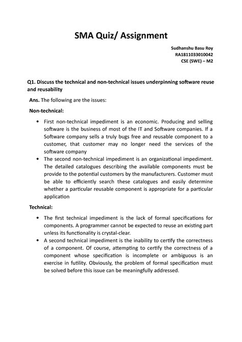 SMA Quiz - RA1811033010042 - Software Engineering Practices - Studocu
