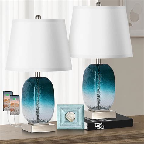 Table Lamp Set of 2 Touch Control, Modern Coastal Teal Glass Bedside ...