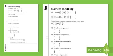 Matrices 1 Worksheet (teacher made) - Twinkl