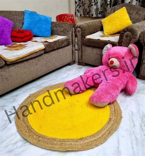 Natural Jute Rugs With Yellow and Beige Strips - 90 CM