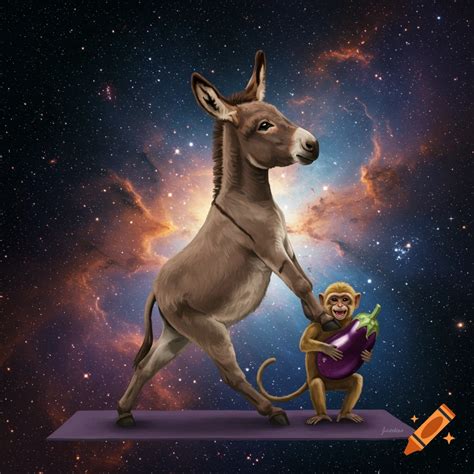 Donkey with Arabian monkey holding eggplant doing yoga in space on Craiyon