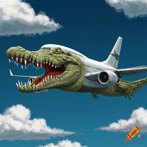 A crocodile head and tail fused onto a passenger airplane flying ...