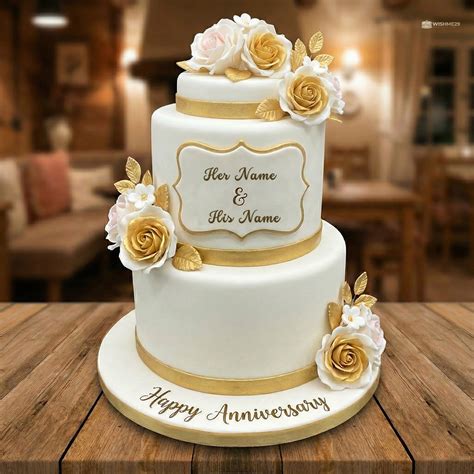 Golden Rose Two-Tier Anniversary Cake With Name