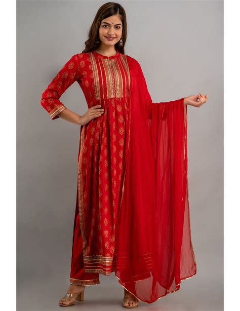 Rayon Embroidered 3/4 Sleeve Flared Round Neck Calf Length Kurta Set ...
