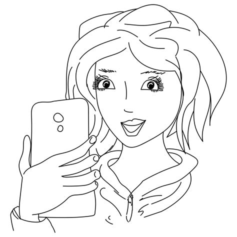 girl takes a selfie, outline portrait of a young woman with wavy hair ...