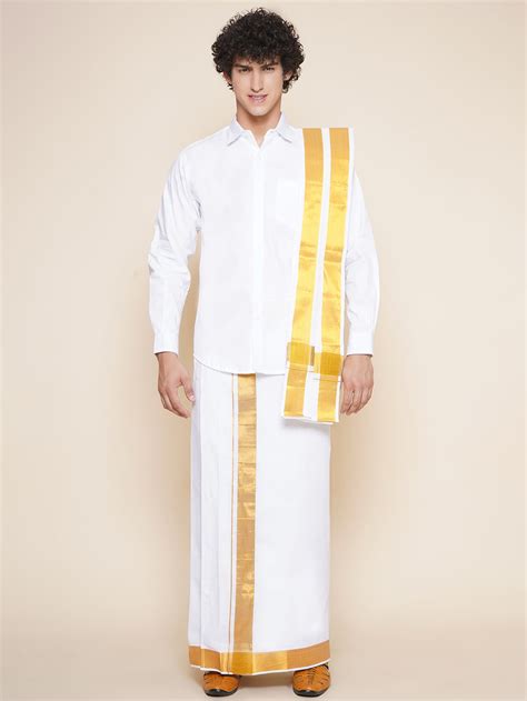 Men Full Sleeve White Colour Shirt and Pocket Dhoti with Angavastram S ...