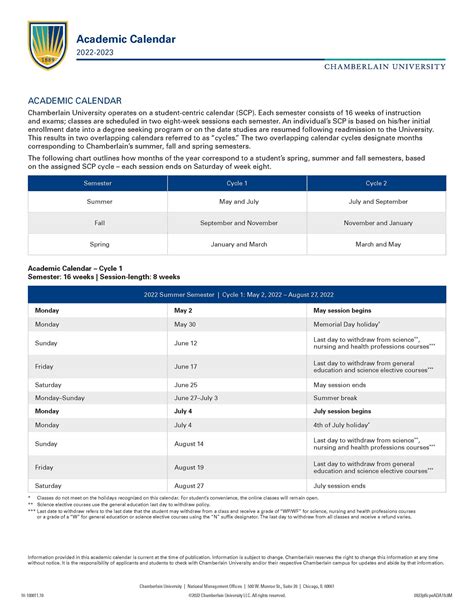 Chamberlain University Calendar