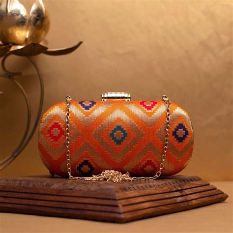 Orange And Golden Brocade Fabric Clutch - Artklim