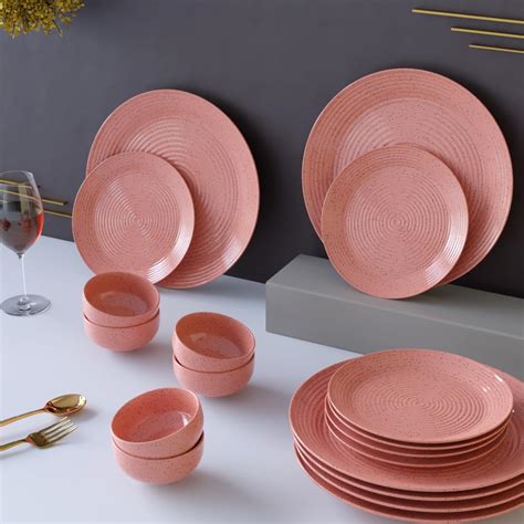 Buy The Earth Store Spiral Pink Ceramic Dinner Set of 18 Pieces Serving ...