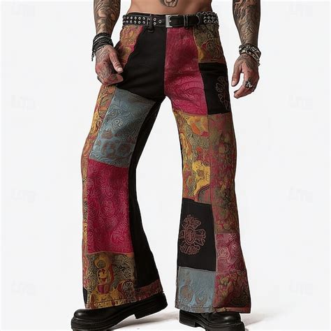 Men's Geometric Color Block Patchwork Trousers Disco Pants 60s 70s Bell ...