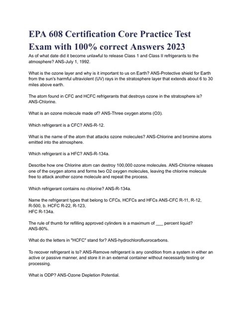 EPA 608 Certification Core Practice Test Exam with 100% correct Answers ...