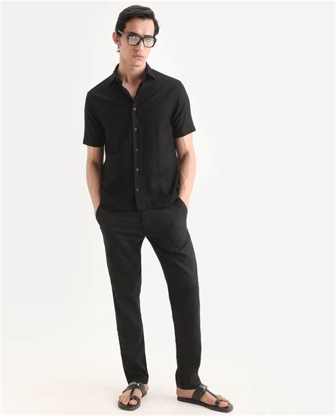 Rare Rabbit Men's Volda Black Cotton Fabric Half Sleeve Spread Collar