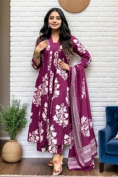 Purple Floral Kurta with Pant and Dupatta – Glam Kanya