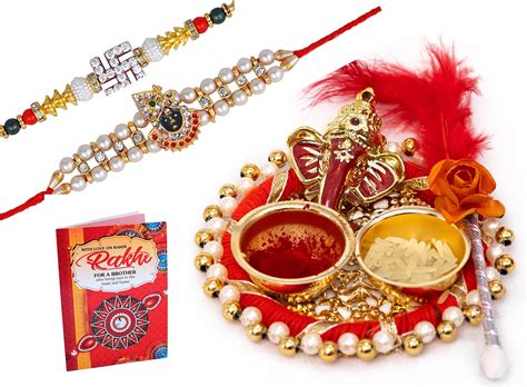 CraftVatika Rakhi for Brother Puja Thali Gift Combo Set of 2 Peacock ...